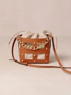 Alohas Leather Grid Bucket Bag with Cream Drawstring